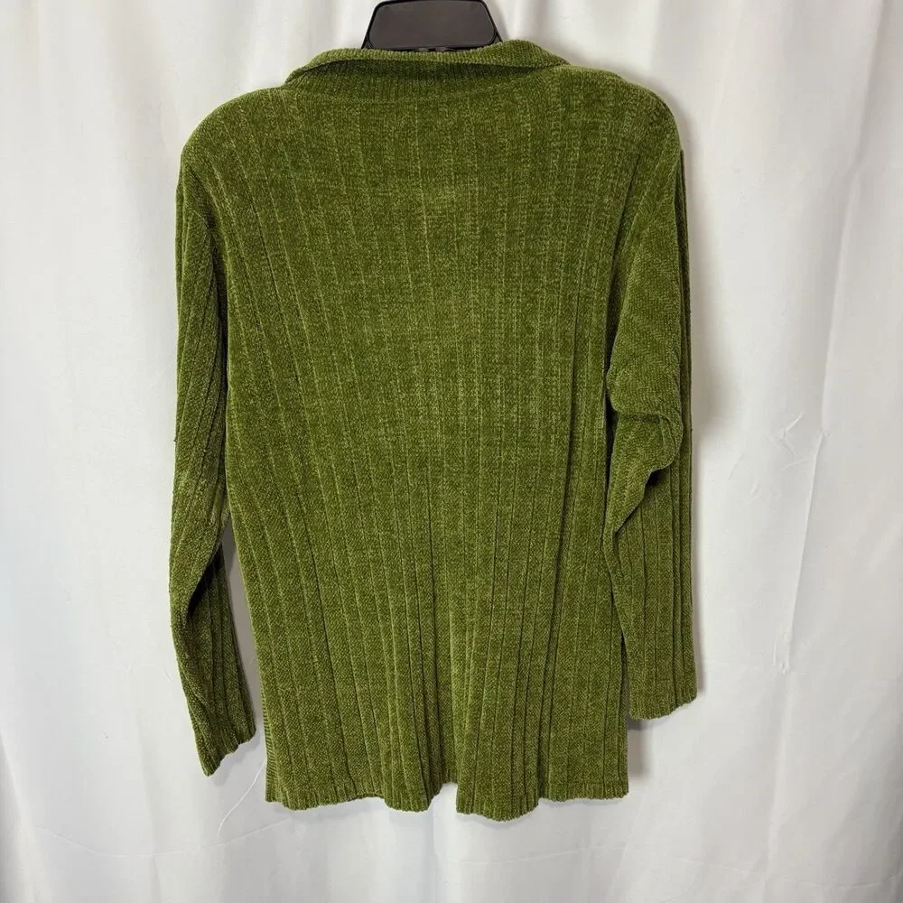 Vintage 90s Small Chenille Sweater Cardigan Peter Pan Collar Pockets‎ Green Cozy
